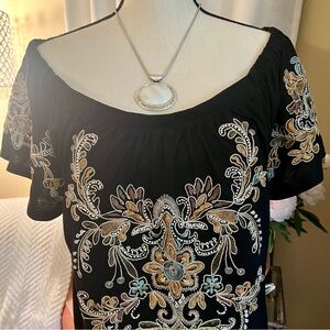 INC International Concepts Embroidered Black Blouse with Beaded Details